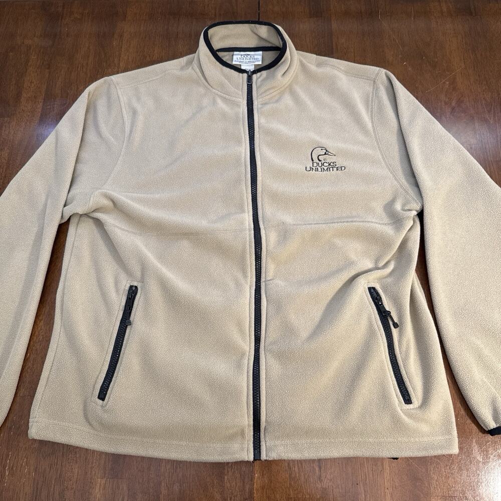 Ducks‎ Unlimited Full Zip Tan Fleece Jacket Pockets Men's Size Large